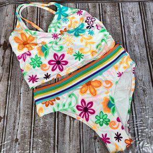 2 Piece Unbranded Girl's 14 Bikini Swimsuit Swimwear White Flowers Floral EUC